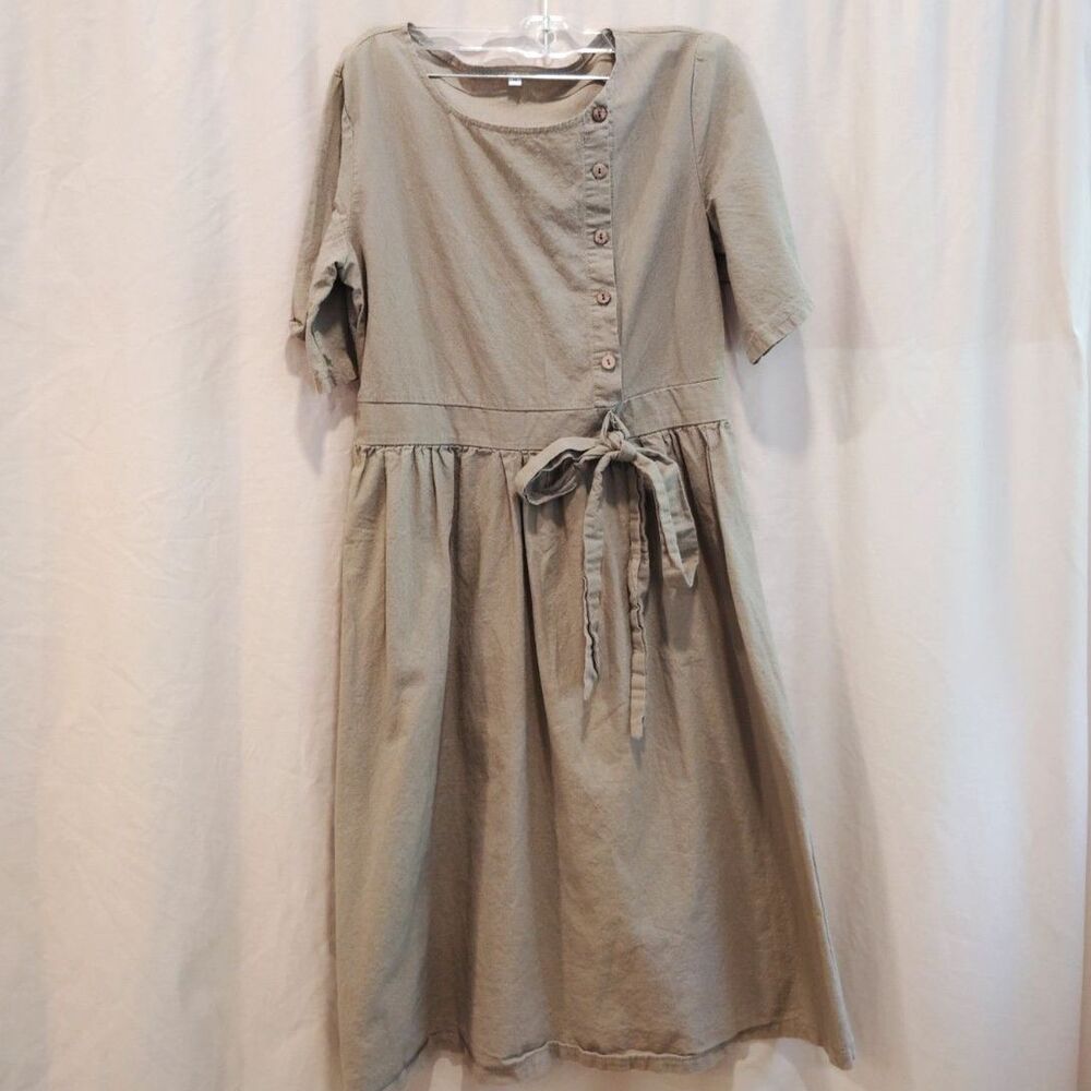 Minimalist Khaki Linen-Blend Button-Front Midi Dress - Size Medium